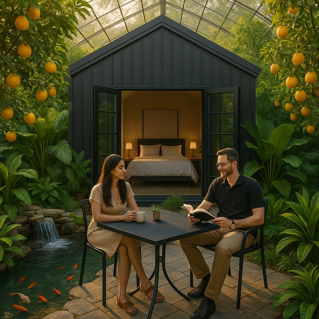 Luxury cabin inside a tropical greenhouse with couple enjoying morning coffee