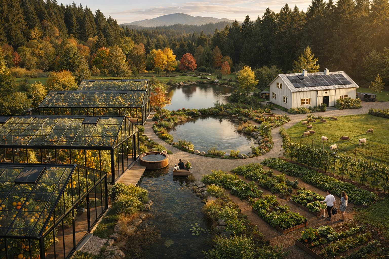 Vitera sustainable homestead concept with greenhouses and solar