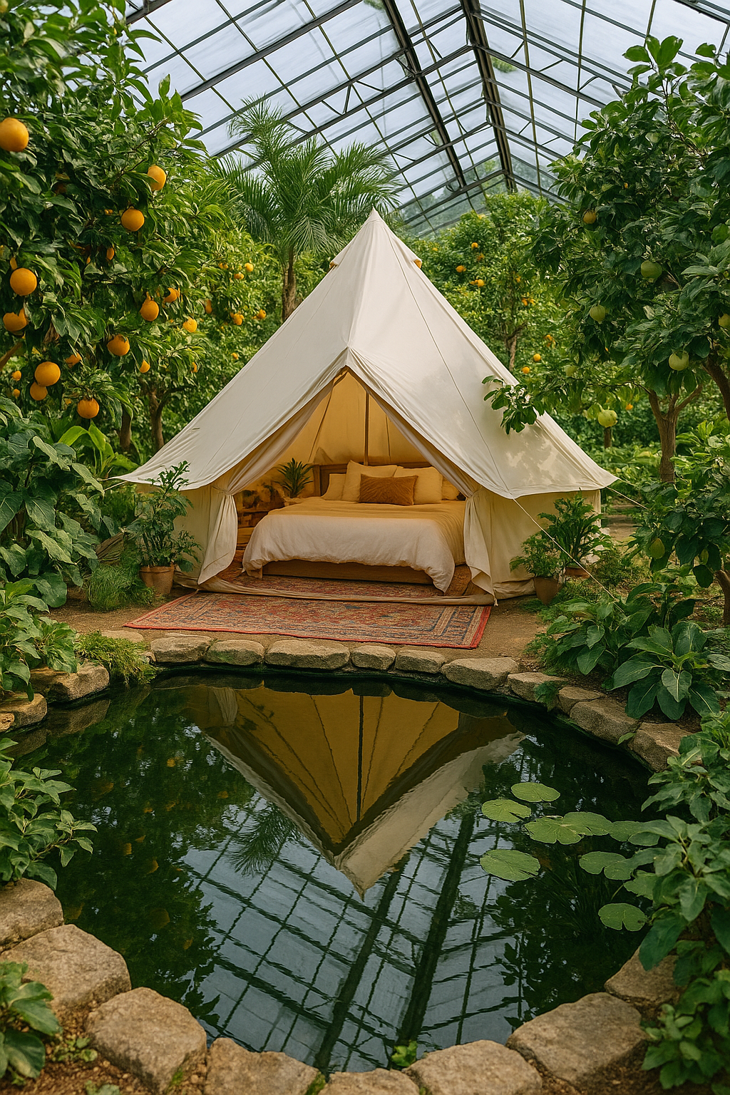 Greenhouse glamping suite with bell tent and reflection pool
