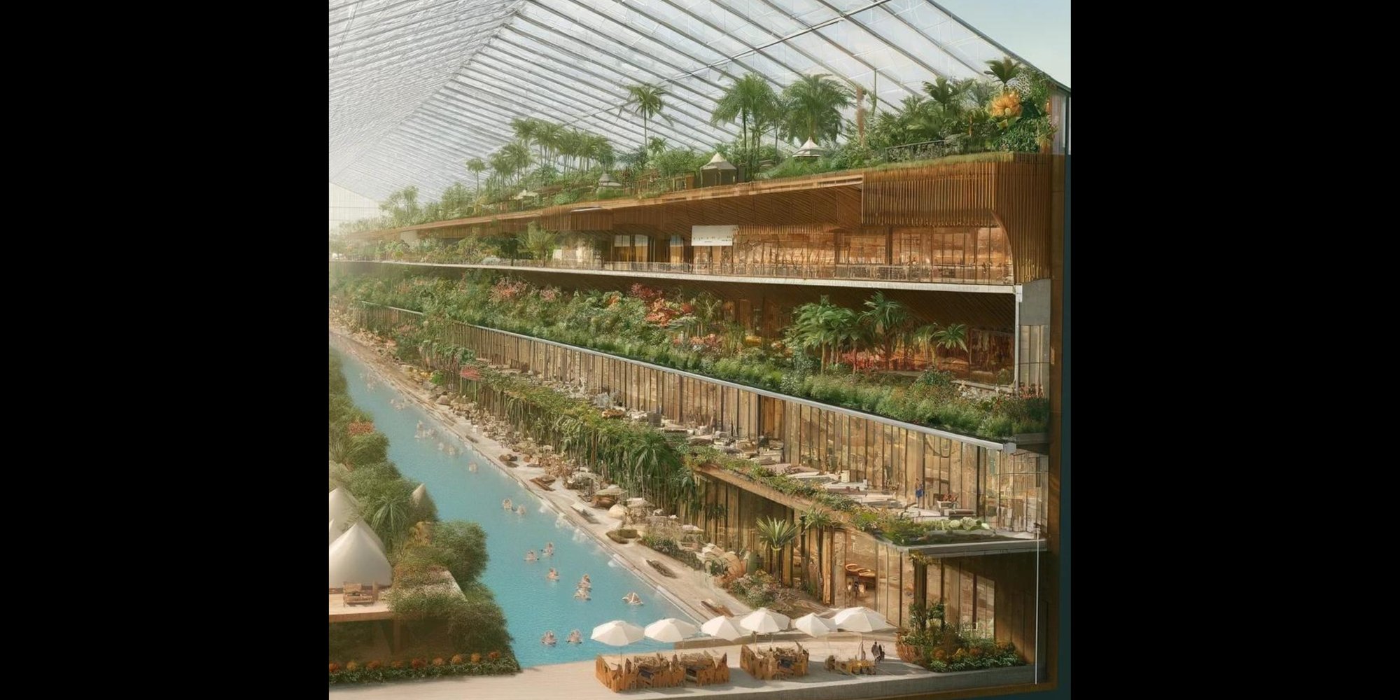Luxury eco boutique resort inside massive greenhouse with lazy river and glamping tents