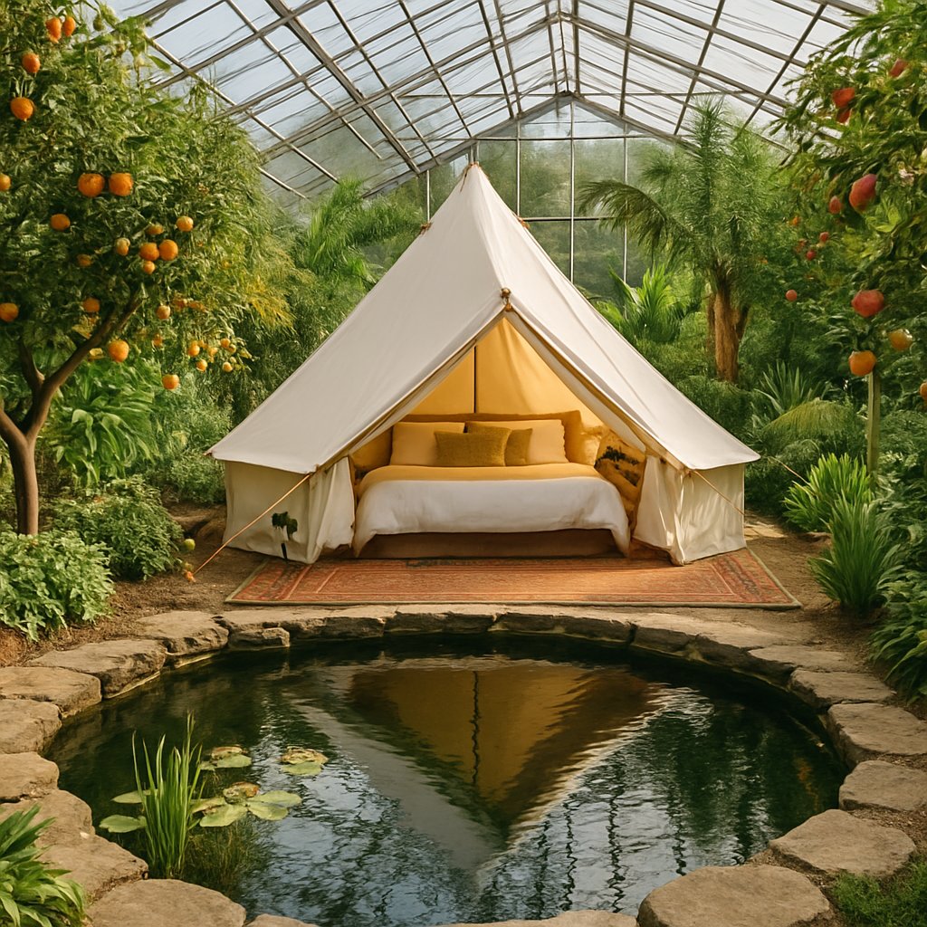 Bell tent suite inside greenhouse with citrus trees and reflection pool