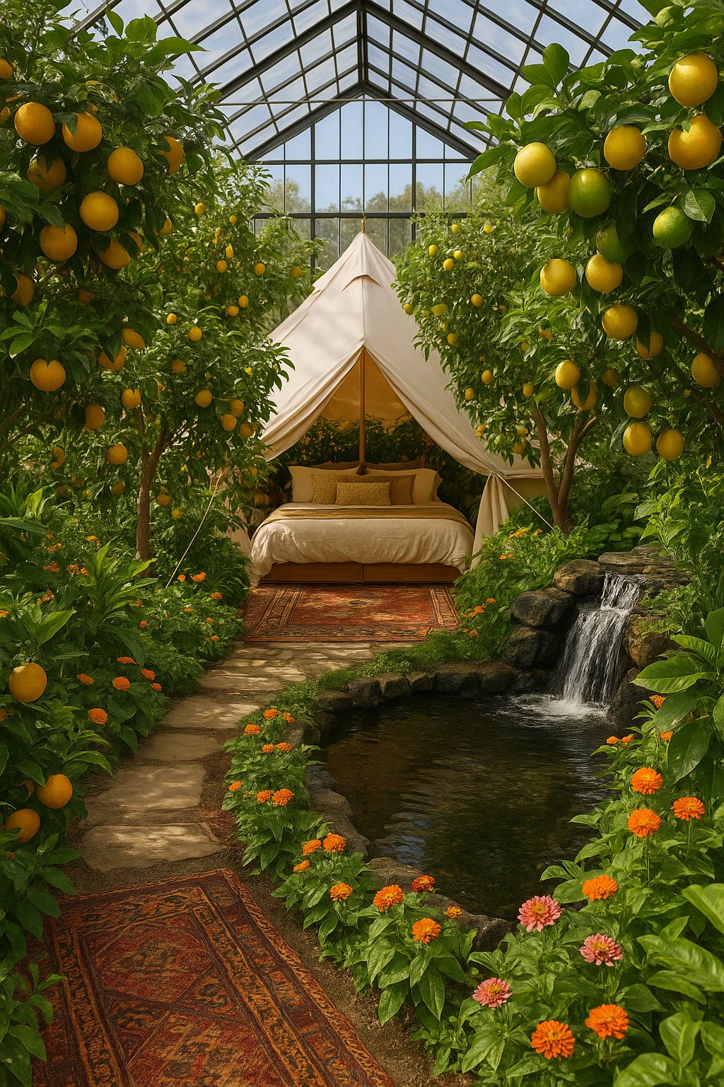 Glamping tent inside greenhouse with citrus trees and waterfall