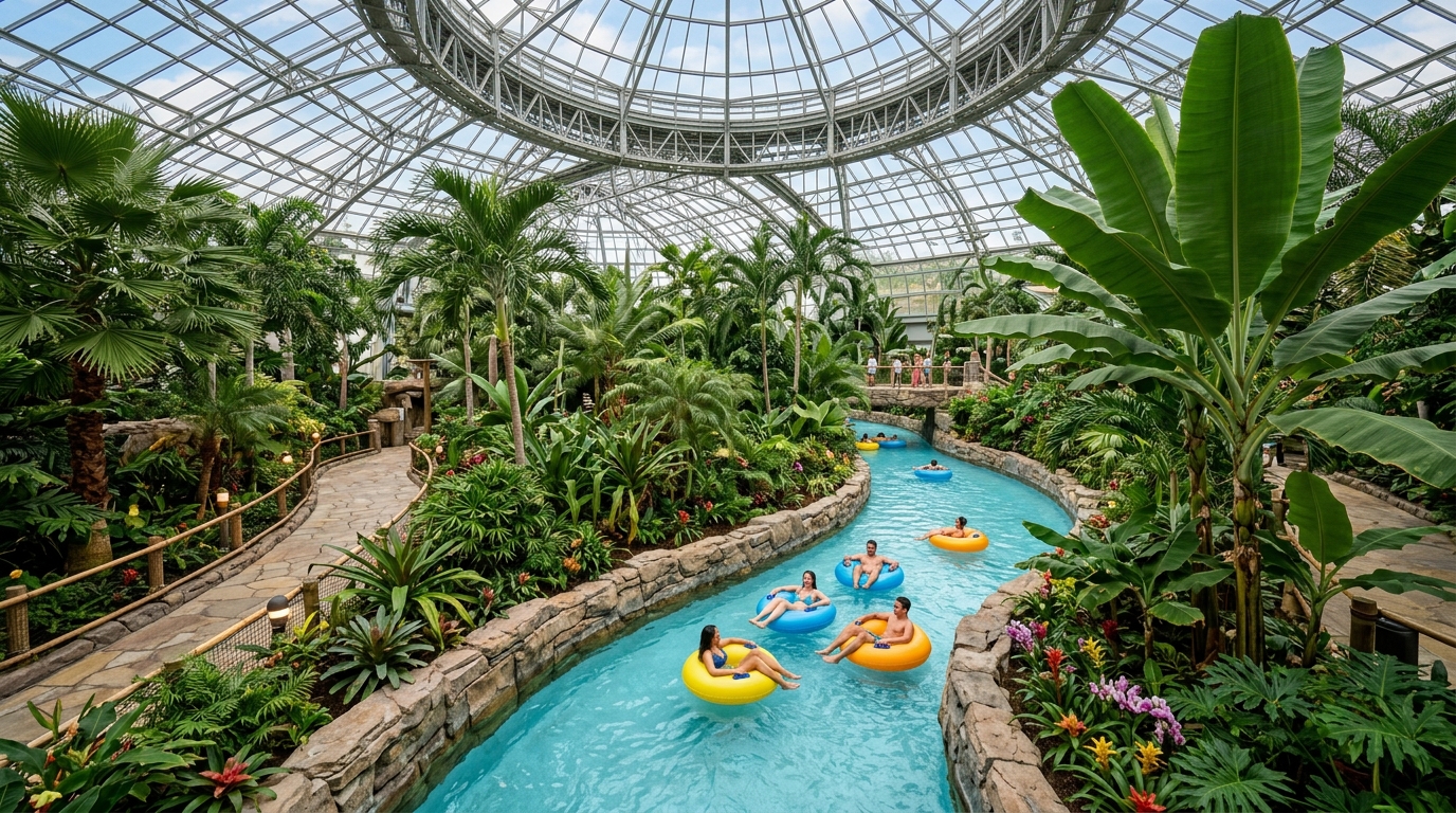 Lazy river flowing through tropical greenhouse