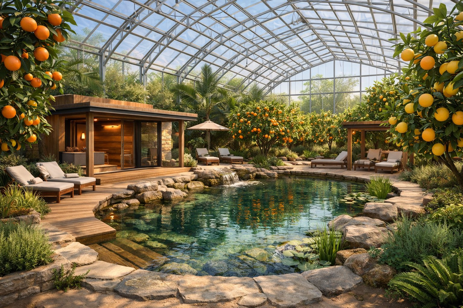 Natural pool inside tropical greenhouse surrounded by citrus trees