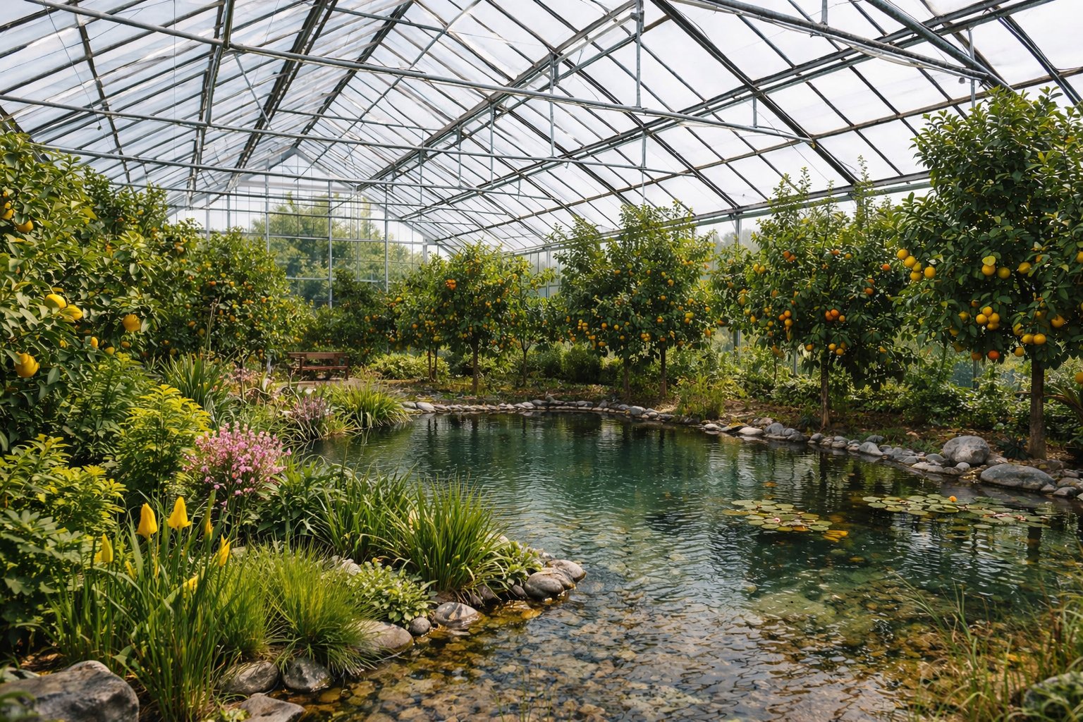 Natural pool and lounging area inside tropical greenhouse