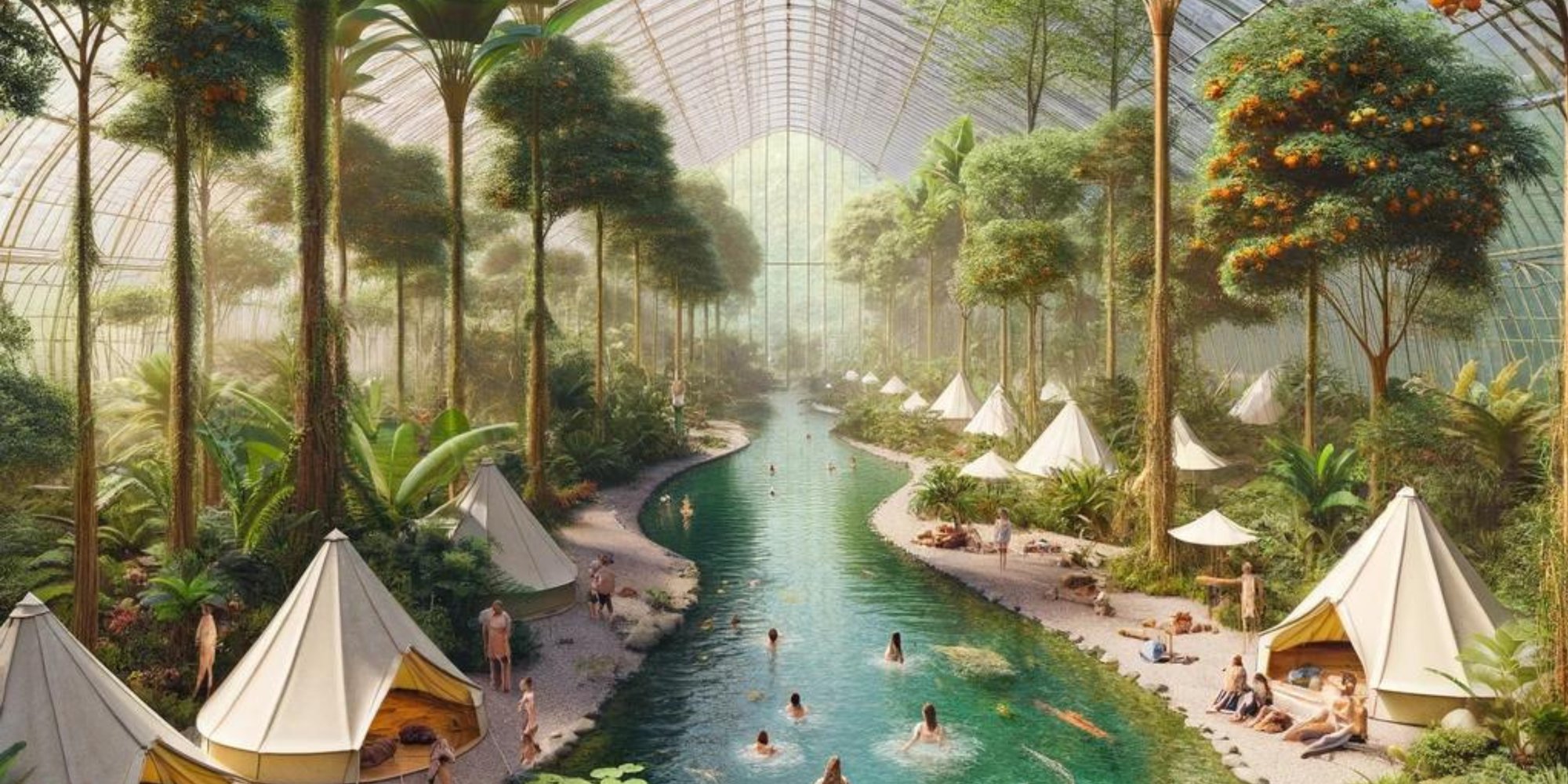 Luxury resort greenhouse with multi-level hotel and lazy river