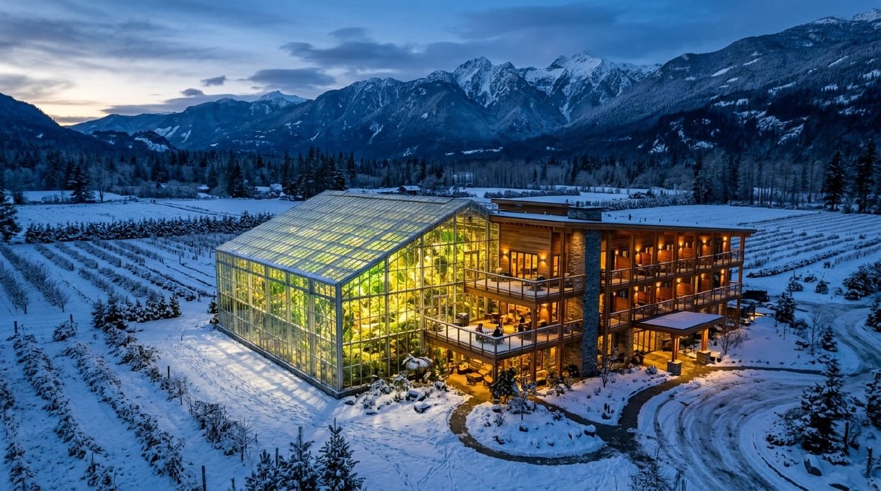 Hotel with glowing tropical greenhouse in winter mountain landscape