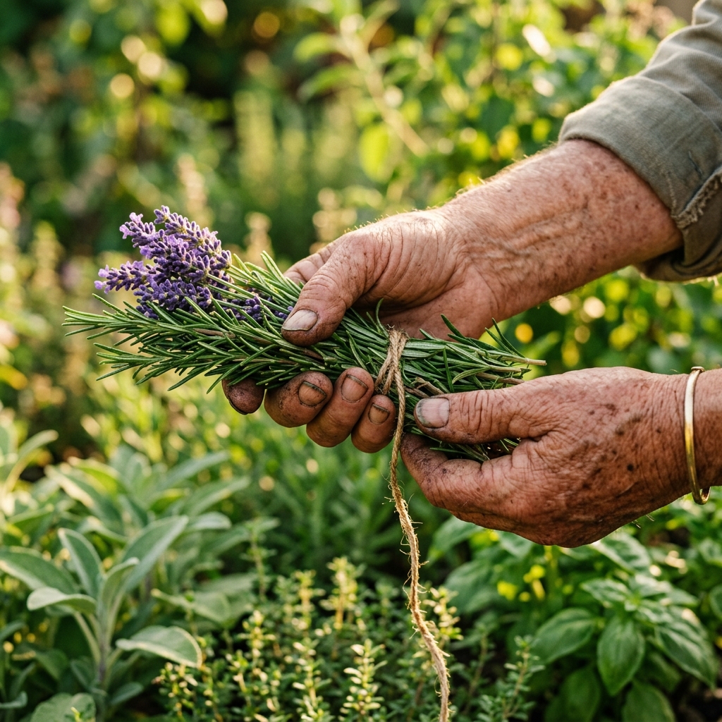 The Healing Garden — fresh herbs in hands