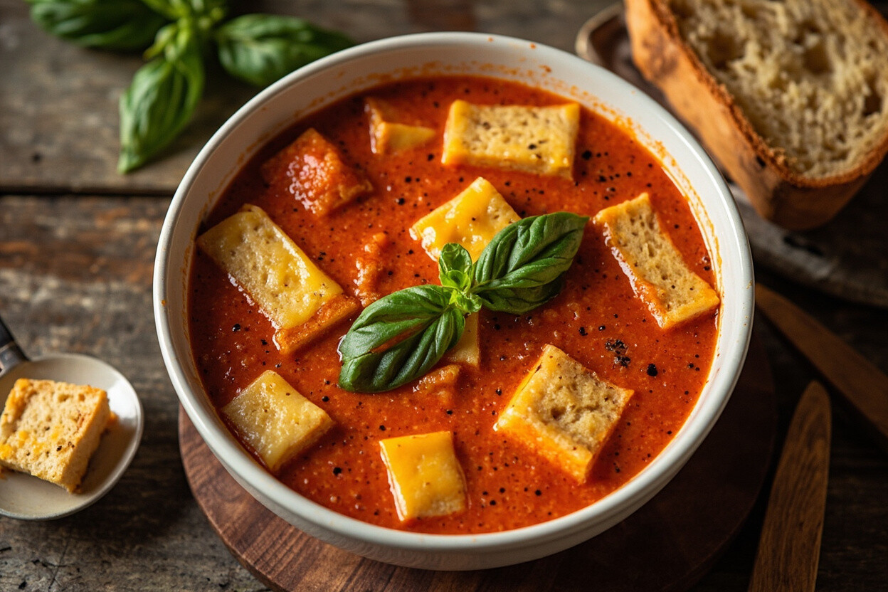 Creamy Tomato Soup with Grilled Cheese Croutons